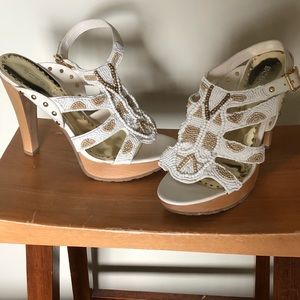 BCBGirls white and tan sandals
